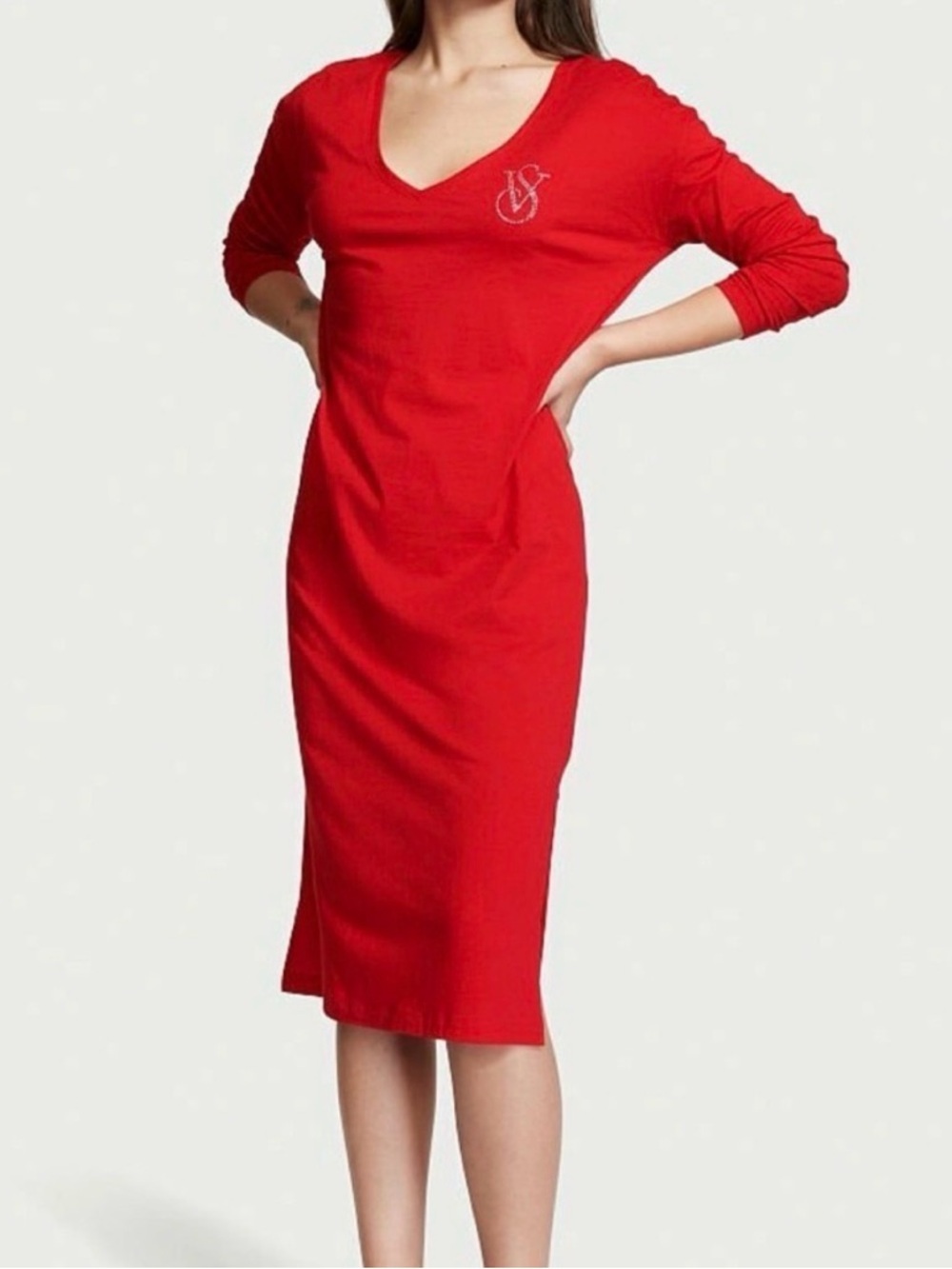 Victoria's Secret Red V-Neck Long Sleeve Midi Pajamas PJ’s